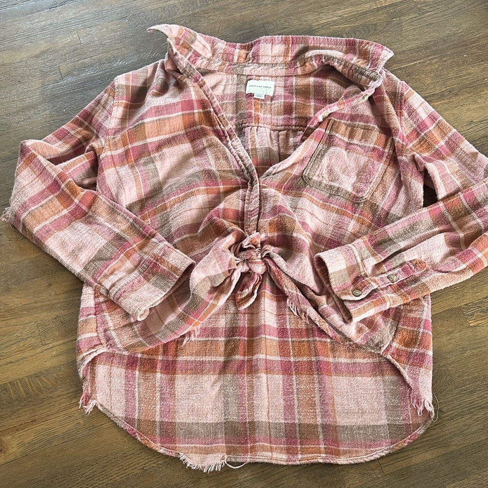 American Eagle Outfitters Pink Plaid Distressed Flannel